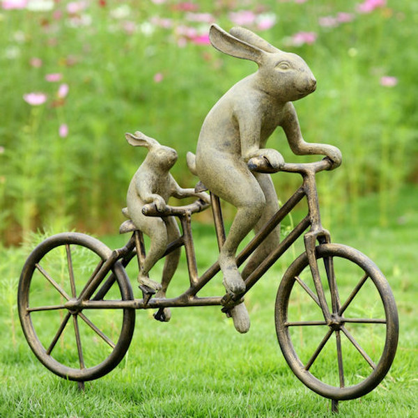 Tandem Bicycle Bunnies Garden Sculpture Rabbits Statues Riding Bike